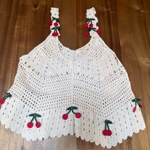 Rebellion Again Tank Top Womens S Ivory 100% Cotton Sleeveless Crochet Cherry